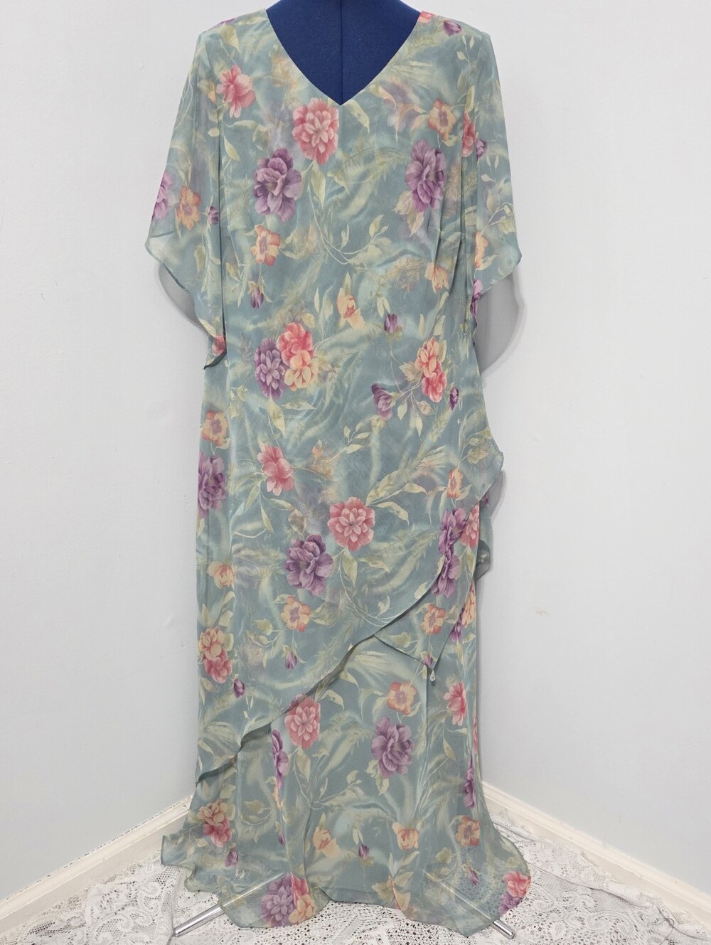 Vintage Green Floral Fairy Tiered Dress Size 16